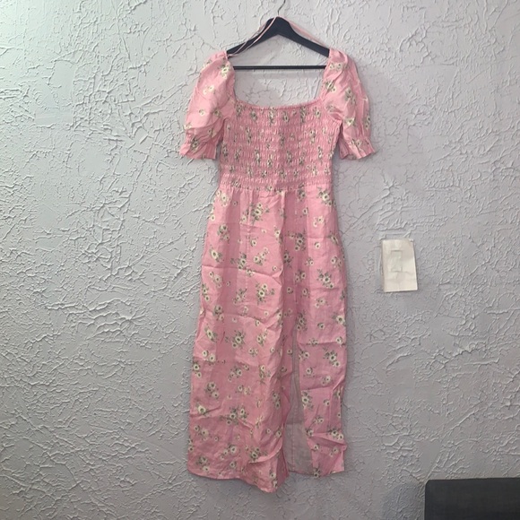 & Other Stories Floral Linen Dress Pink 6 Puff Sleeve Smock Peasant Romantic - Picture 3 of 17
